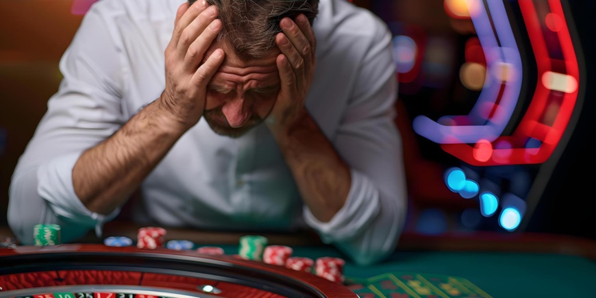 Devastated man holding his head on top of a casino roulette